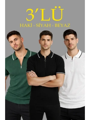 Erkek 3’lü Paket Dokuma Triko  Fermuarlı Yakalı Fitilli Kısa Kollu Regular Fit Tişört  Beyaz, Haki, iyah
