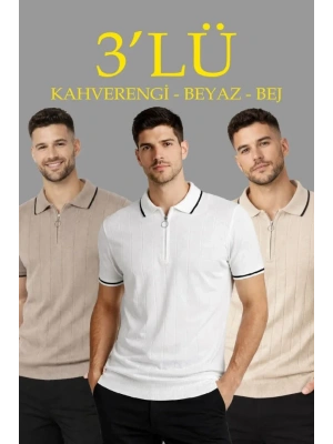 Erkek 3’lü Paket Dokuma Triko  Fermuarlı Yakalı Fitilli Kısa Kollu Regular Fit Tişört  Kahverengi, Beyaz, Bej