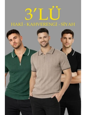 Erkek 3’lü Paket Dokuma Triko  Fermuarlı Yakalı Fitilli Kısa Kollu Regular Fit Tişört  Kahverengi, Haki, iyah
