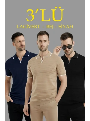 Erkek 3’lü Paket Triko Yakalı Düğmesiz Açık Yaka Fitilli Kısa Kollu Regular Fit Tişört  acivert, Bej, iyah