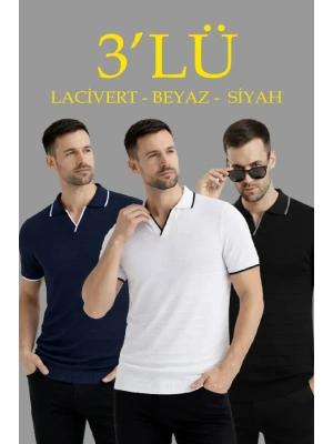 Erkek 3’lü Paket Triko Yakalı Düğmesiz Açık Yaka Fitilli Kısa Kollu Regular Fit Tişört  iyah, Beyaz, acivert