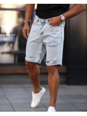 Erkek Açık Mavi Detaylı Kot Şort