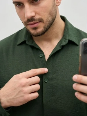 Erkek Aerobin Kumaş Oversize 4 evsim Uzun Kollu Rahat Kalıp Gömlek  Haki