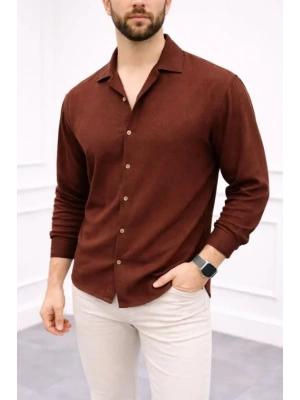 Erkek Aerobin Kumaş Oversize 4 evsim Uzun Kollu Rahat Kalıp Gömlek  Kahverengi