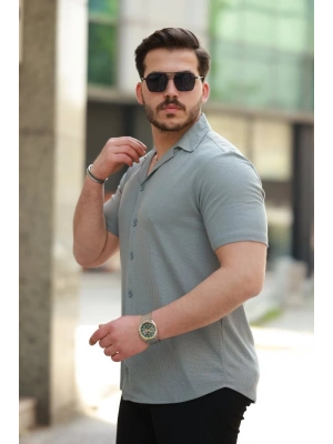 Erkek Apaç Yaka örme Kumaş Kısa Kollu Gömlek