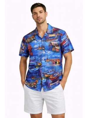 Erkek arin Desenli Kısa Kol Gömlek Yazlık Rahat Kalıp Dijital Baskılı  Desenli