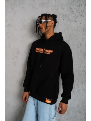 Erkek Armalı Baskılı Kapüşonlu weatshirt  iyah