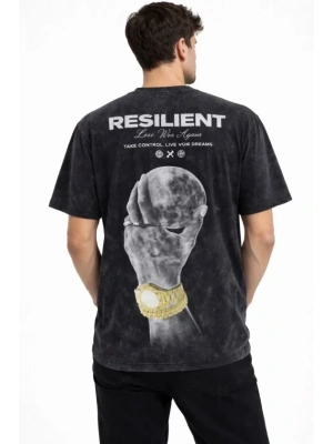 Erkek Asit Yıkamalı Baskılı Tişört Bisiklet Yaka Kısa Kollu treetwear Tshirt  iyah