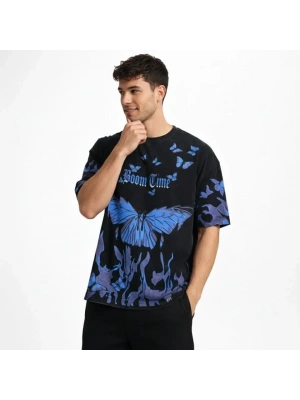 Erkek Asit Yıkamalı Oversize Tişört avi Kelebek Baskılı Dijital Print Bisiklet Yaka treetwear Thirt  iyah