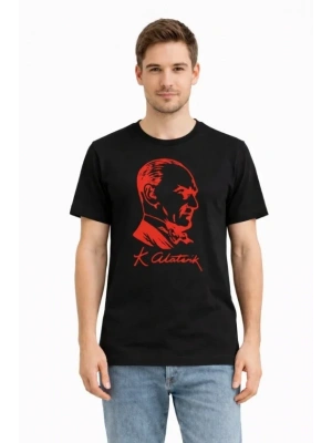 Erkek Atatürk Baskılı Tişört Kısa Kollu Bisiklet Yaka Thirt  iyah
