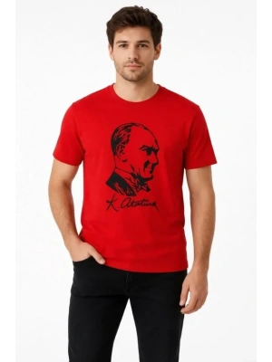 Erkek Atatürk Baskılı Tişört Kısa Kollu Bisiklet Yaka Thirt  Kırmızı
