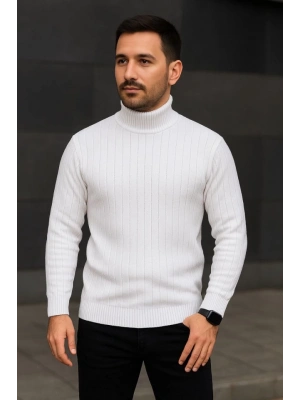 Erkek Balıkcı Yaka Bağazlı Triko Kazak Pamuklu Kalın Fitilli Dokuma, Regular Fit Uzun Kollu Kışlık Model  Beyaz