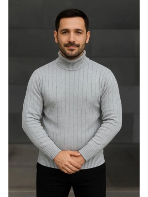 Erkek Balıkcı Yaka Bağazlı Triko Kazak Pamuklu Kalın Fitilli Dokuma, Regular Fit Uzun Kollu Kışlık odel  Gri