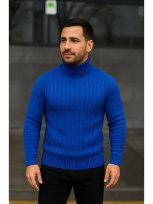 Erkek Balıkcı Yaka Bağazlı Triko Kazak Pamuklu Kalın Fitilli Dokuma, Regular Fit Uzun Kollu Kışlık odel  aks avisi