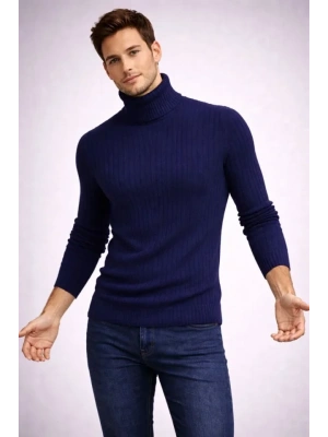 Erkek Balıkcı Yaka Bağazlı Triko Kazak Pamuklu Kalın Fitilli Dokuma, Regular Fit Uzun Kollu Kışlık odel  acivert