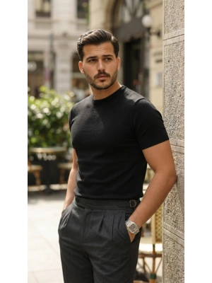 Erkek Basic Bisiklet Yaka Kısa Kollu Triko Tişört  %100 Pamuk Akrilik