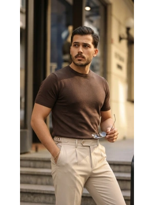 Erkek Basic Bisiklet Yaka Kısa Kollu Triko Tişört  %100 Pamuk Akrilik