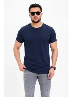 Erkek Basic Tişört Bisiklet Yaka Kısa Kol Günlük Yazlık lim Fit Thirt  acivert