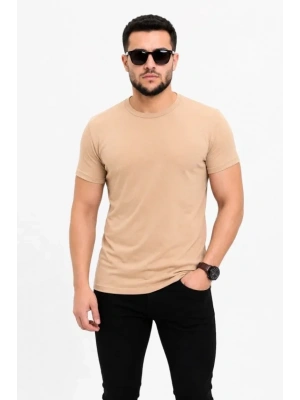 Erkek Basic Tişört Bisiklet Yaka Kısa Kol Günlük Yazlık lim Fit Thirt  Bej