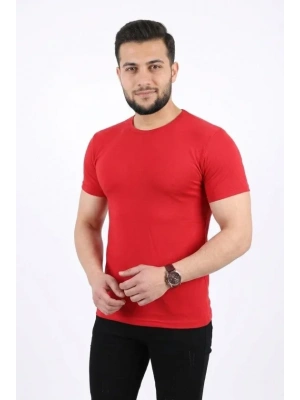 Erkek Basic Tişört Bisiklet Yaka Kısa Kol Günlük Yazlık lim Fit Thirt  Kırmızı