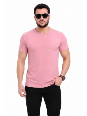 Erkek Basic Tişört Bisiklet Yaka Kısa Kol Günlük Yazlık lim Fit Thirt  Pembe