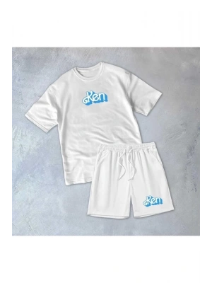 Erkek Baskılı İkili Şort Takım  Beyaz