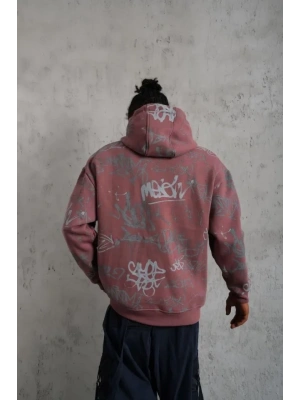 Erkek Baskılı Kapüşonlu Ribanalı weat  Gül Kurusu
