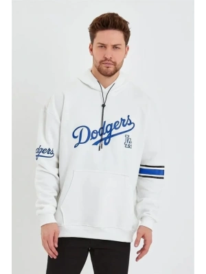 Erkek Baskılı Kapüşonlu Üç İplik Oversize weatshirt  Beyaz