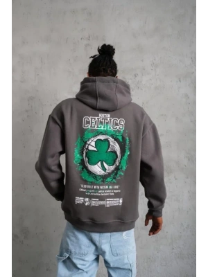 Erkek Baskılı Kapüşonlu Ve Kordon İpli weat  Gri