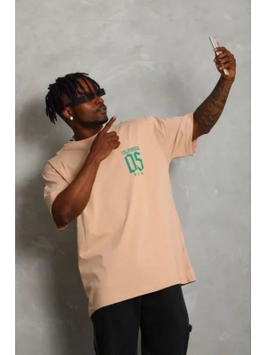 Erkek Baskılı Thirt Kısa Kol Bisiklet Yaka Regular Fit Rahat Kalıp Günlük Tişört  Bej