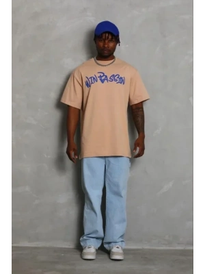 Erkek Baskılı Thirt Kısa Kol Bisiklet Yaka Regular Fit Rahat Kalıp Günlük Tişört  Bej