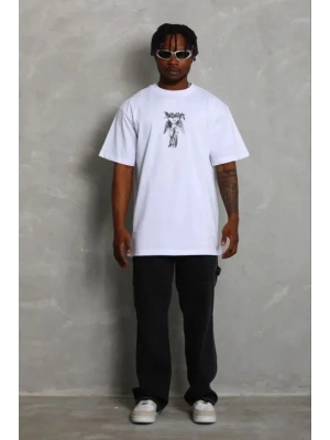 Erkek Baskılı Thirt Kısa Kol Bisiklet Yaka Regular Fit Rahat Kalıp Günlük Tişört  Beyaz