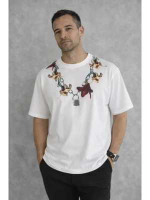 Erkek Baskılı Thirt Kısa Kol Bisiklet Yaka Regular Fit Rahat Kalıp Günlük Tişört  Beyaz