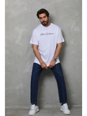 Erkek Baskılı Thirt Kısa Kol Bisiklet Yaka Regular Fit Rahat Kalıp Günlük Tişört  Beyaz