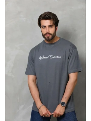 Erkek Baskılı Thirt Kısa Kol Bisiklet Yaka Regular Fit Rahat Kalıp Günlük Tişört  Füme