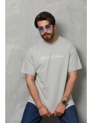 Erkek Baskılı Thirt Kısa Kol Bisiklet Yaka Regular Fit Rahat Kalıp Günlük Tişört  Gri