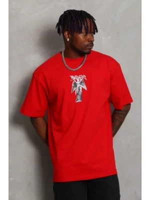 Erkek Baskılı Thirt Kısa Kol Bisiklet Yaka Regular Fit Rahat Kalıp Günlük Tişört  Kırmızı