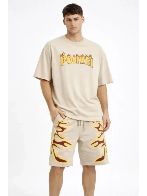 Erkek Bej Oversize Baskılı Tişört Şort Takım Cepli Şort Yazlık Rahat Günlük Kombin  Bej