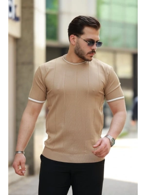 Erkek Bisiklet Yaka çizgi Desenli Ribanalı Kısa Kollu Tshirt