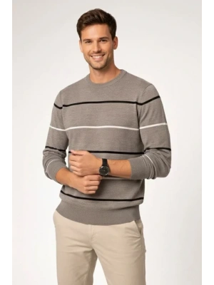 Erkek Bisiklet Yaka Cizgili Triko Kazak Yumuşak Dokulu Pamuklu Ince Dokuma, Uzun Kollu Rahat Regular Kalıp  Gri