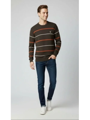 Erkek Bisiklet Yaka Cizgili Triko Kazak Yumuşak Dokulu Pamuklu Ince Dokuma, Uzun Kollu Rahat Regular Kalıp  Koyu Kahverengi