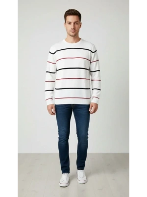 Erkek Bisiklet Yaka Cizgili Triko Kazak Yumuşak Dokulu Pamuklu Ince Dokuma, Uzun Kollu Rahat Regular Kalıp  Beyaz