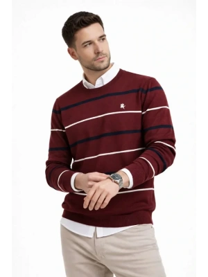 Erkek Bisiklet Yaka Cizgili Triko Kazak Yumuşak Dokulu Pamuklu Ince Dokuma, Uzun Kollu Rahat Regular Kalıp  Bordo