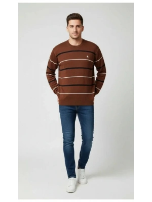 Erkek Bisiklet Yaka Cizgili Triko Kazak Yumuşak Dokulu Pamuklu Ince Dokuma, Uzun Kollu Rahat Regular Kalıp  Kahverengi