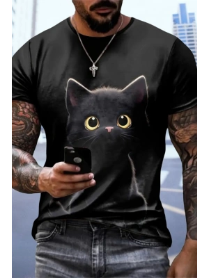 Erkek Bisiklet Yaka Kedi Baskılı Süprem Tshirt