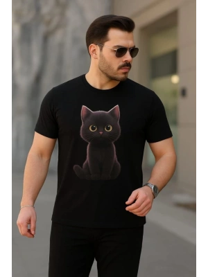Erkek Bisiklet Yaka Kedi Baskılı Süprem Tshirt