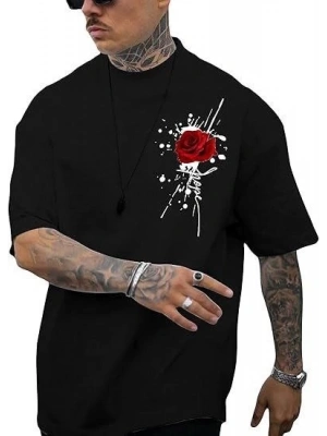 Erkek Bisiklet Yaka Kısa Kol Baskılı Tshirt  iyah