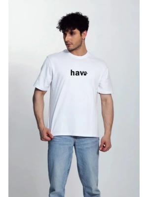 Erkek Bisiklet Yaka Kısa Kol Hav Baskılı Tshirt  Beyaz