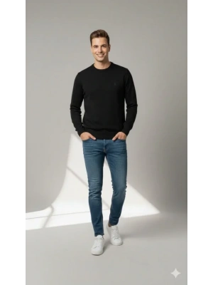 Erkek Bisiklet Yaka Nakış Işlemeli Triko Kazak Yumuşak Dokulu Pamuklu Ince Dokuma, Uzun Kollu Rahat Regular Kalıp  Siyah