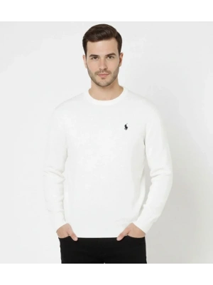 Erkek Bisiklet Yaka Nakış Işlemeli Triko Kazak Yumuşak Dokulu Pamuklu Ince Dokuma, Uzun Kollu Rahat Regular Kalıp  Beyaz